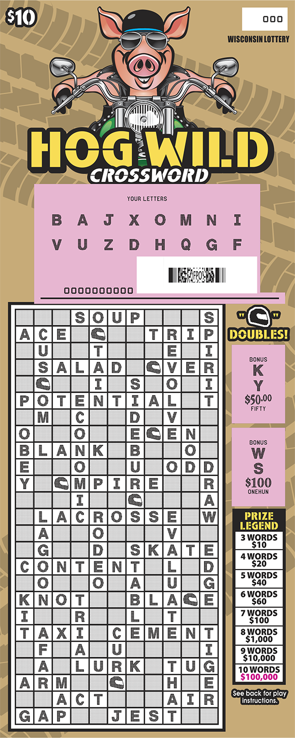 Wisconsin Scratch Game, Hog Wild Crossword tan background with tire tracks and a pink pig on a motorcycle with yellow and white text, scratched.