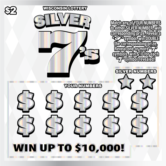 Wisconsin Scratch Game, Silver 7's silver holographic background with silver and black text.