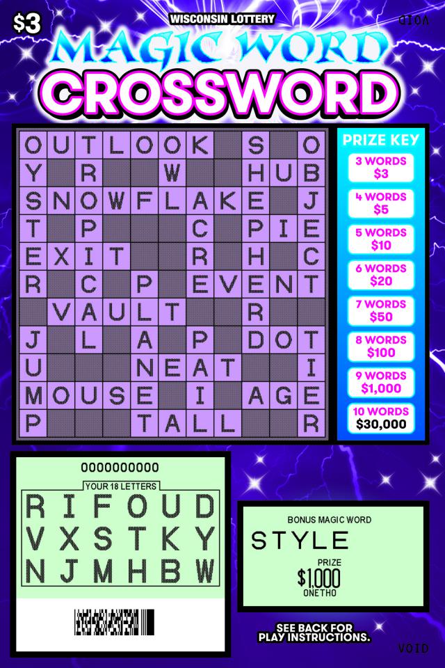 Magic Word Crossword instant scratch ticket from Wisconsin Lottery - scratched