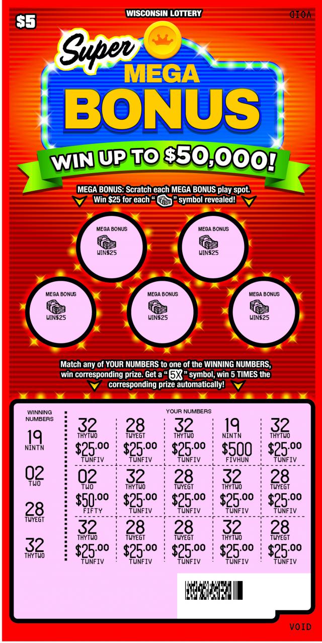 Super Mega Bonus instant scratch ticket from Wisconsin Lottery - scratched