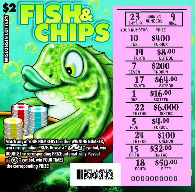 Fish and Chips instant scratch ticket from Wisconsin Lottery - scratched