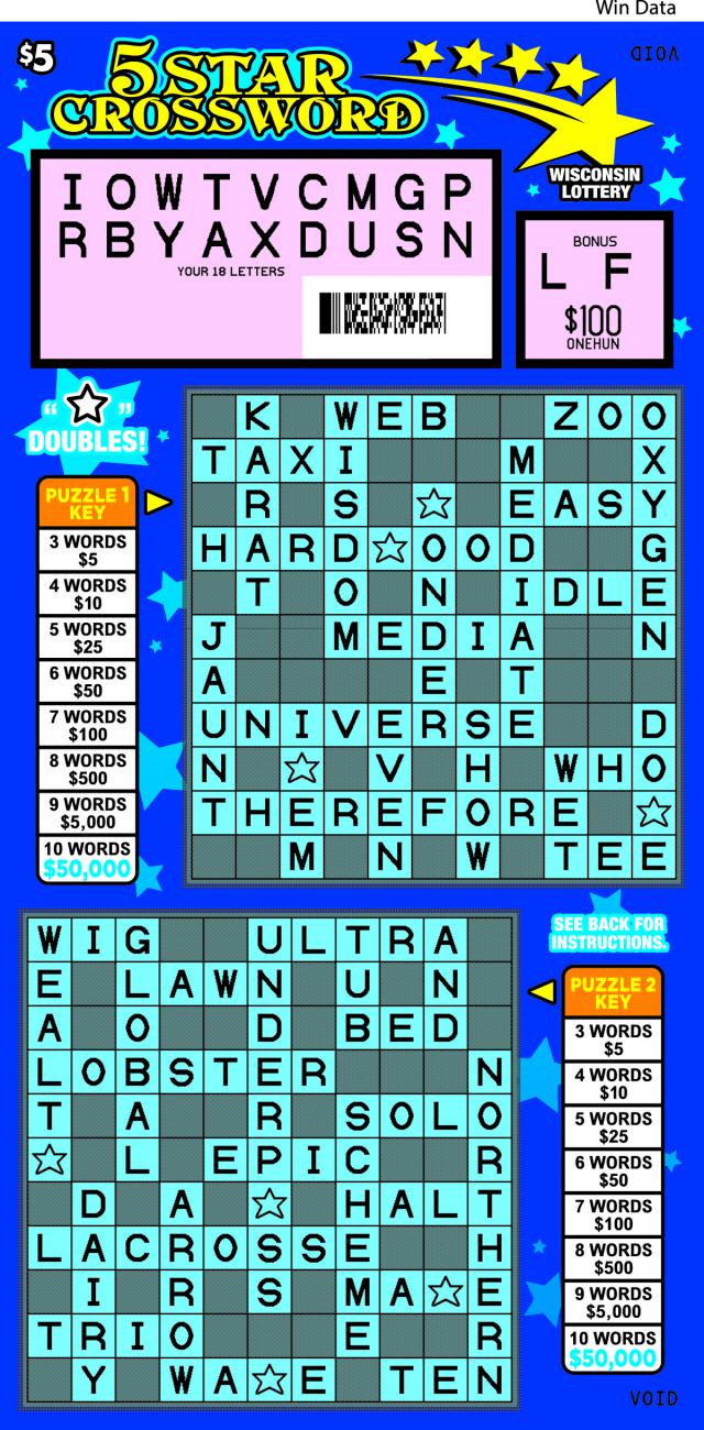 5 Star Crossword instant scratch ticket from Wisconsin Lottery - scratched