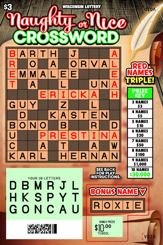 Naughty or Nice Crossword instant scratch ticket from Wisconsin Lottery - scratched