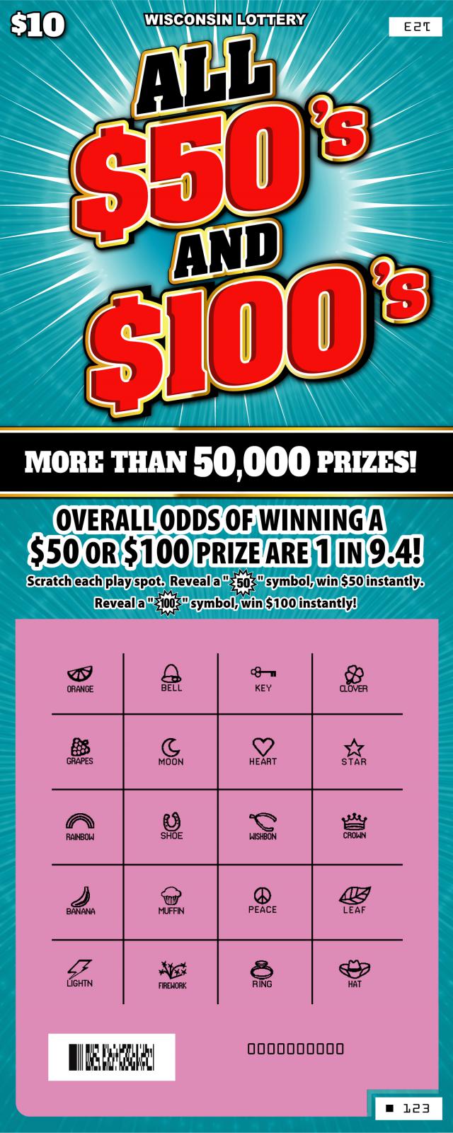 All $50s and $100s instant scratch ticket from Wisconsin Lottery - scratched