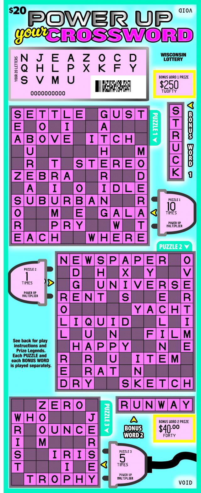 Power up Your Crossword instant scratch ticket from Wisconsin Lottery - scratched