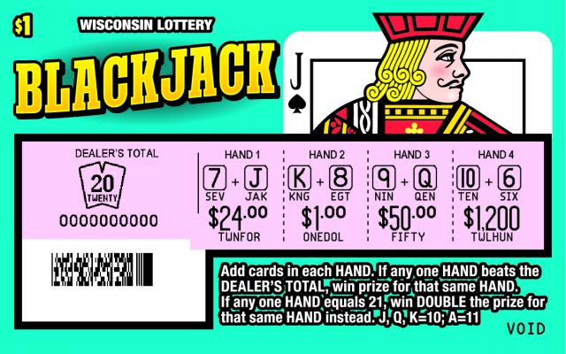 Blackjack instant scratch ticket from Wisconsin Lottery - scratched