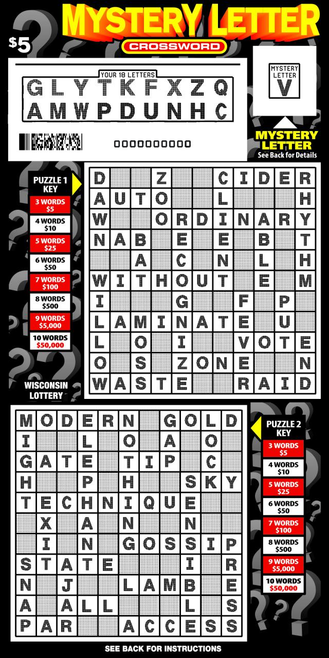Mystery Letter Crossword instant scratch ticket from Wisconsin Lottery - scratched