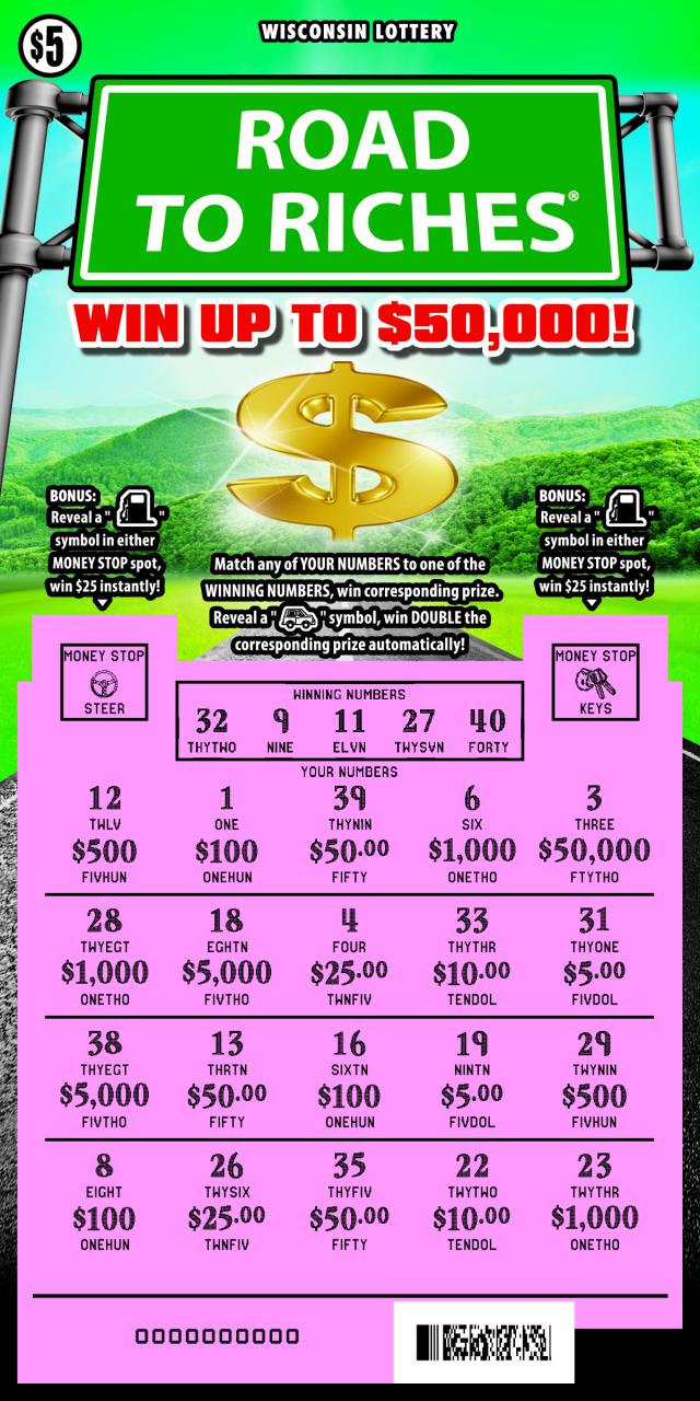 Road to Riches instant scratch ticket from Wisconsin Lottery - scratched
