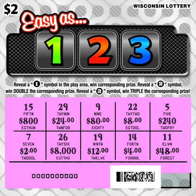 Easy as 1-2-3 instant scratch ticket from Wisconsin Lottery - scratched