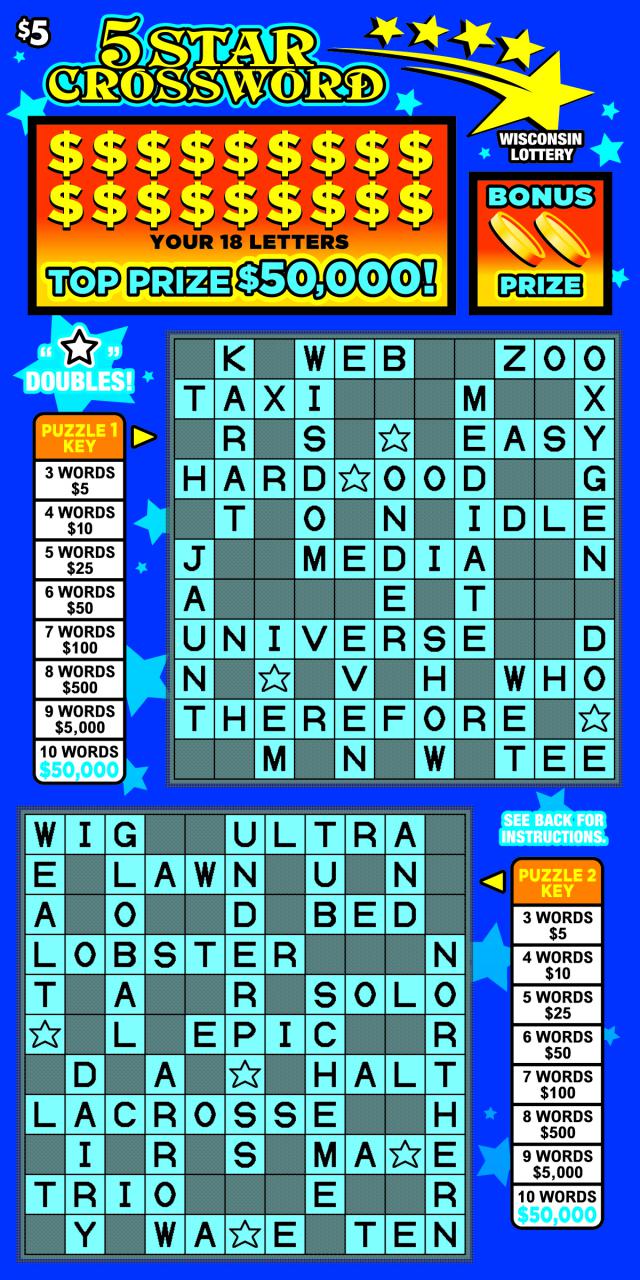 5 Star Crossword instant scratch ticket from Wisconsin Lottery - unscratched