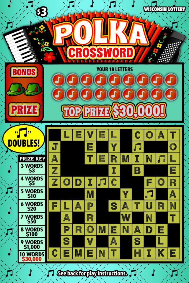 Polka Crossword instant scratch ticket from Wisconsin Lottery - unscratched