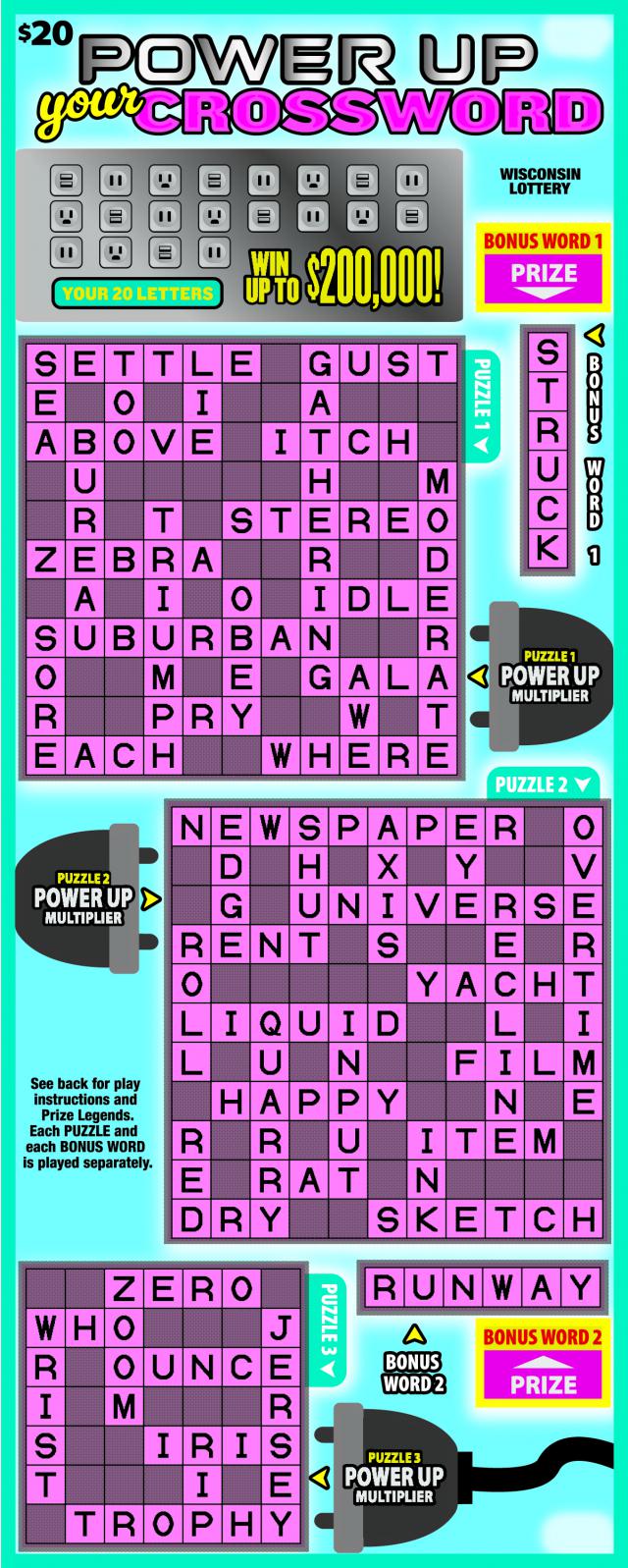 Power up Your Crossword instant scratch ticket from Wisconsin Lottery - unscratched