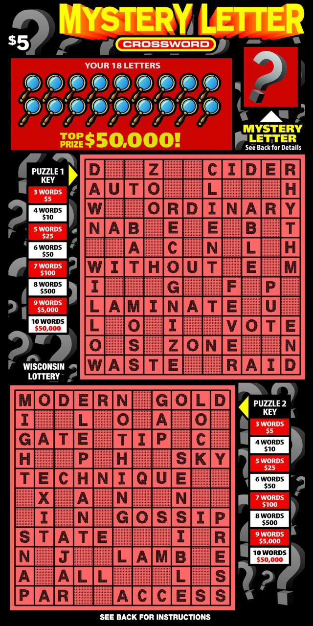 Mystery Letter Crossword instant scratch ticket from Wisconsin Lottery - unscratched