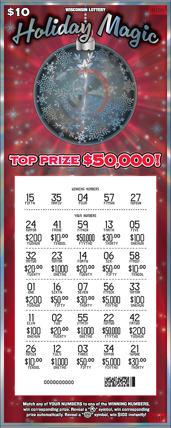 red shiny background with large hanging silver ornament and silver stars and snowflakes around it with white revealed play area on scratch ticket from wisconsin lottery
