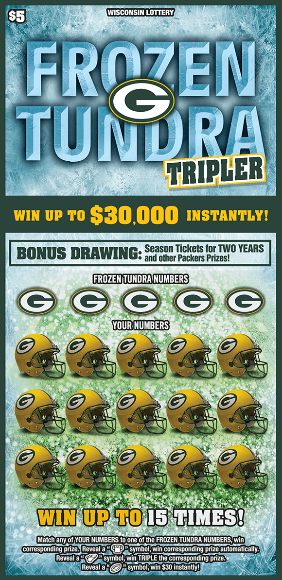 image of green bay packers ticket with green bay helmets covering the winning numbers and a frozen ice background on scratch ticket from wisconsin lottery 