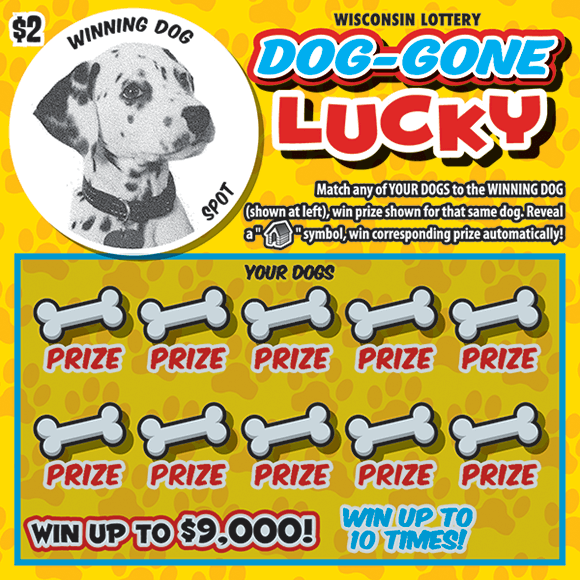image of ticket with a circle image of a dalmatian in the top right corner and dog bones covering the play area on scratch ticket from WI Lottery  