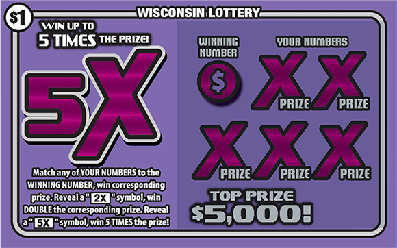 Picture of purple ticket with large 5x symbol and pink x's over the winning numbers on scratch ticket from wisconsin lottery