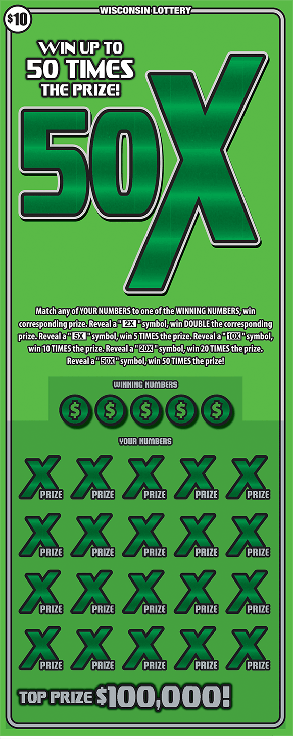 image of scratch ticket with a light green background and a large 50X symbol in a darker green with multiple x's covering the winning numbers in a darker green in the play area on scratch ticket from wisconsin lottery