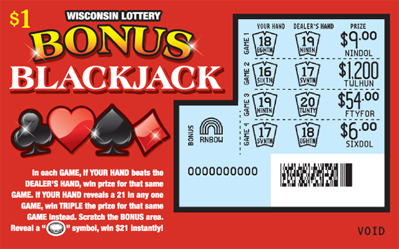red background with a black club and spade and a red heart and diamond to the left of the scratched area revealing light blue background and winning hands and numbers on wisconsin lottery scratch ticket