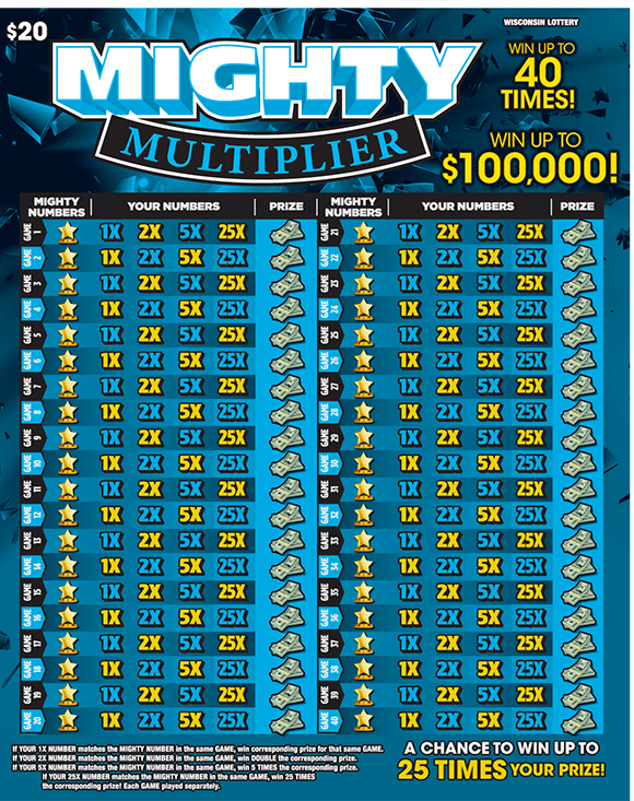image of oversized scratch ticket with a blue background and forty lines in the play area with 1x 2x 5x 25x on each line on scratch ticket from wisconsin lottery
