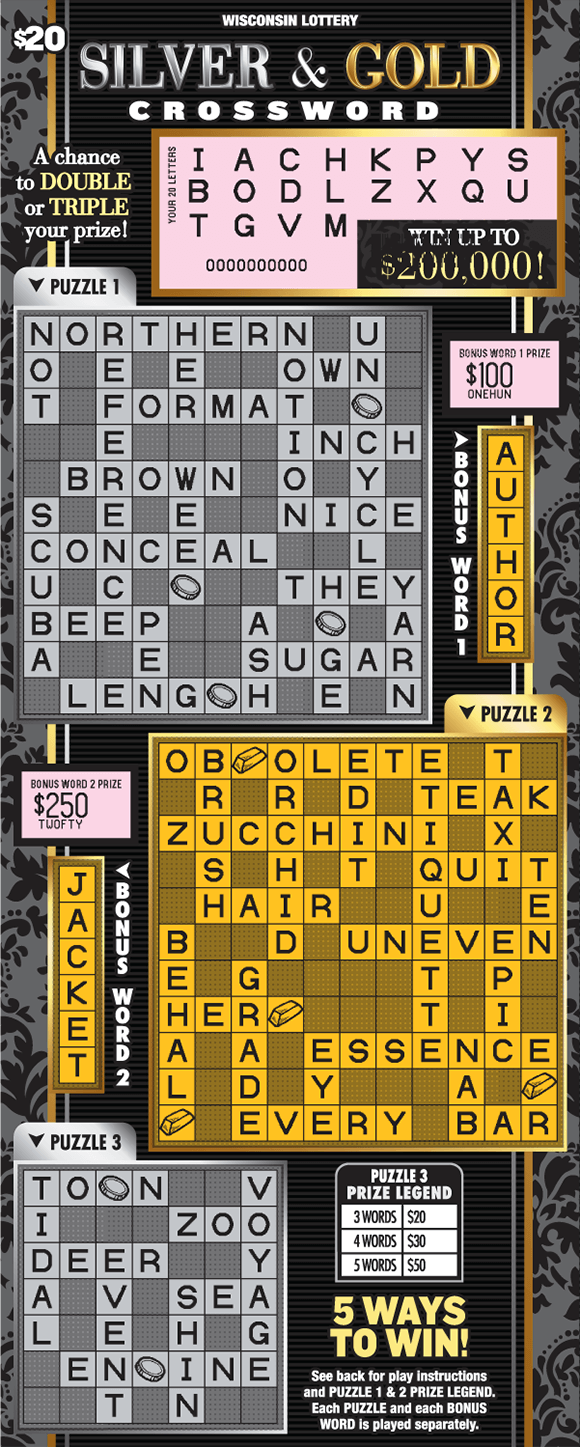 black background and three grids with the top and bottom ones printed in gray and the middle in gold. the winning letters are scratched revealing a pink background on scratch ticket from wisconsin lottery