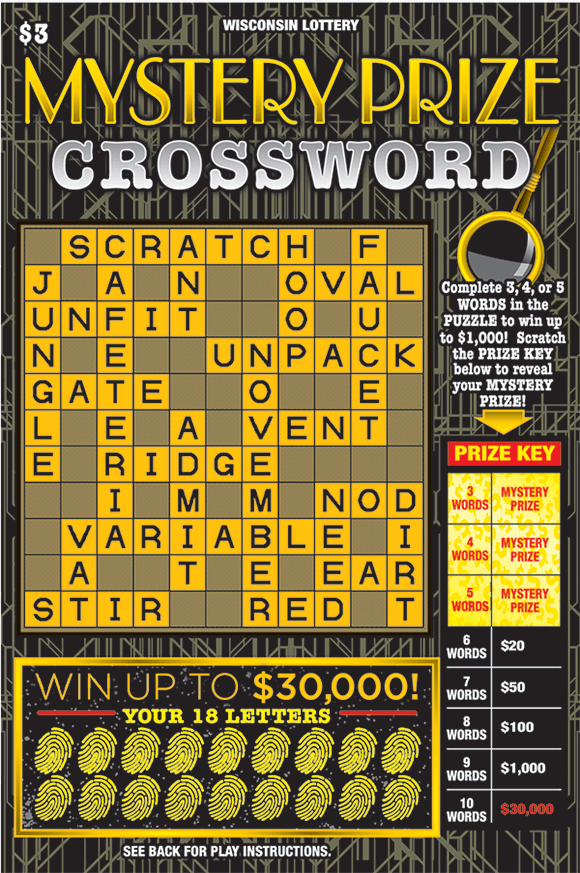 black background with gold lines and a crossword with yellow and black letter boxes in the crossword and the winning letters are covered with gold fingerprints on scratch ticket from wisconsin lottery