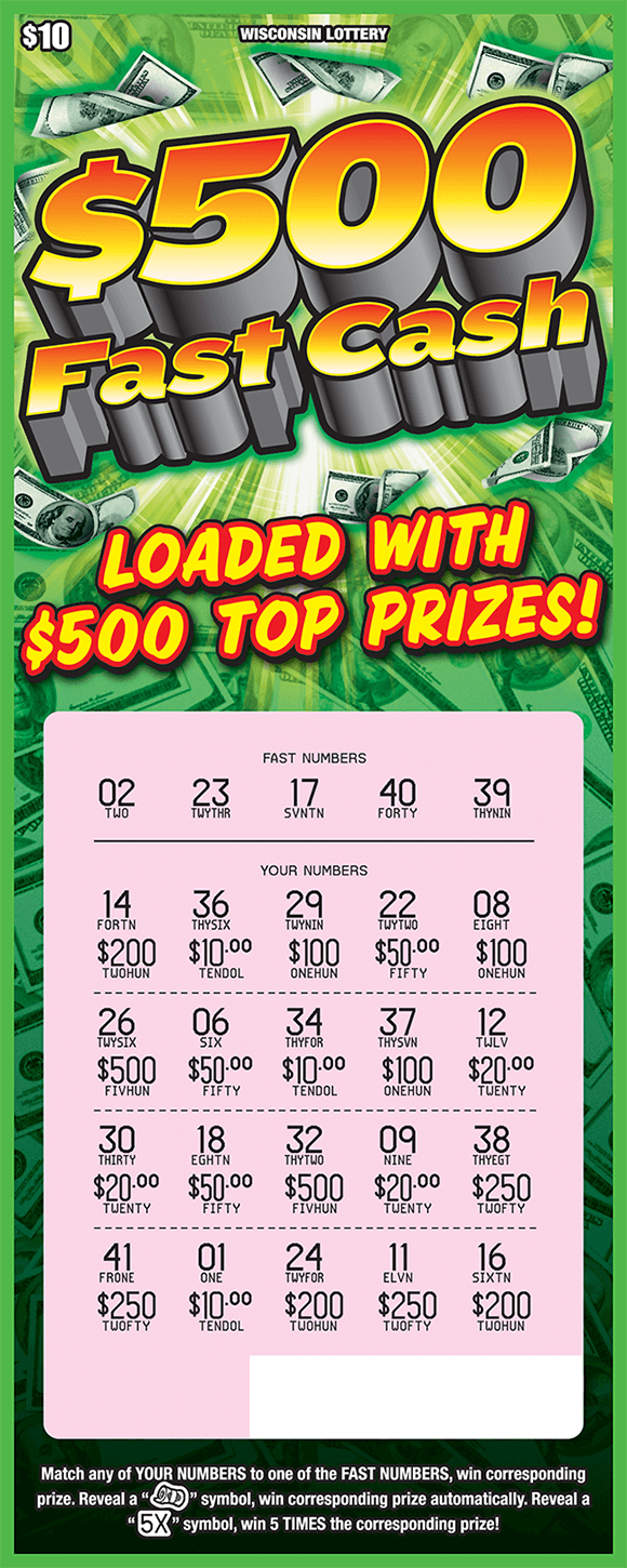 background has piles of stacks of cash and the play area has been scratched revealing the winning numbers on scratch ticket from wisconsin lottery 