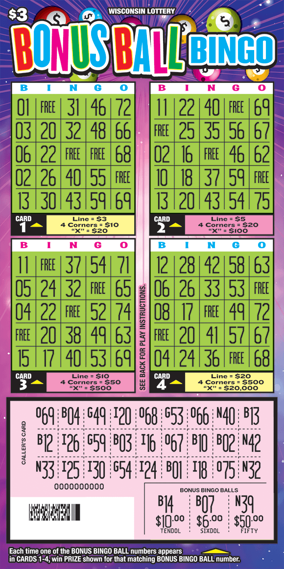 there are four square grids in a lime green color and a rectangle grid down below in a pale pink color. the background of the ticket has flashing lines with sparkles and pool balls with dollar signs on them on scratch ticket from wisconsin lottery 