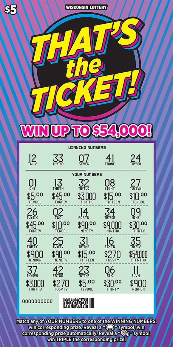 background is an ombre purple and pink with light blue stiped lines running across the ticket and the play area is scratched revealing the winning numbers on scratch ticket from wisconsin lottery 