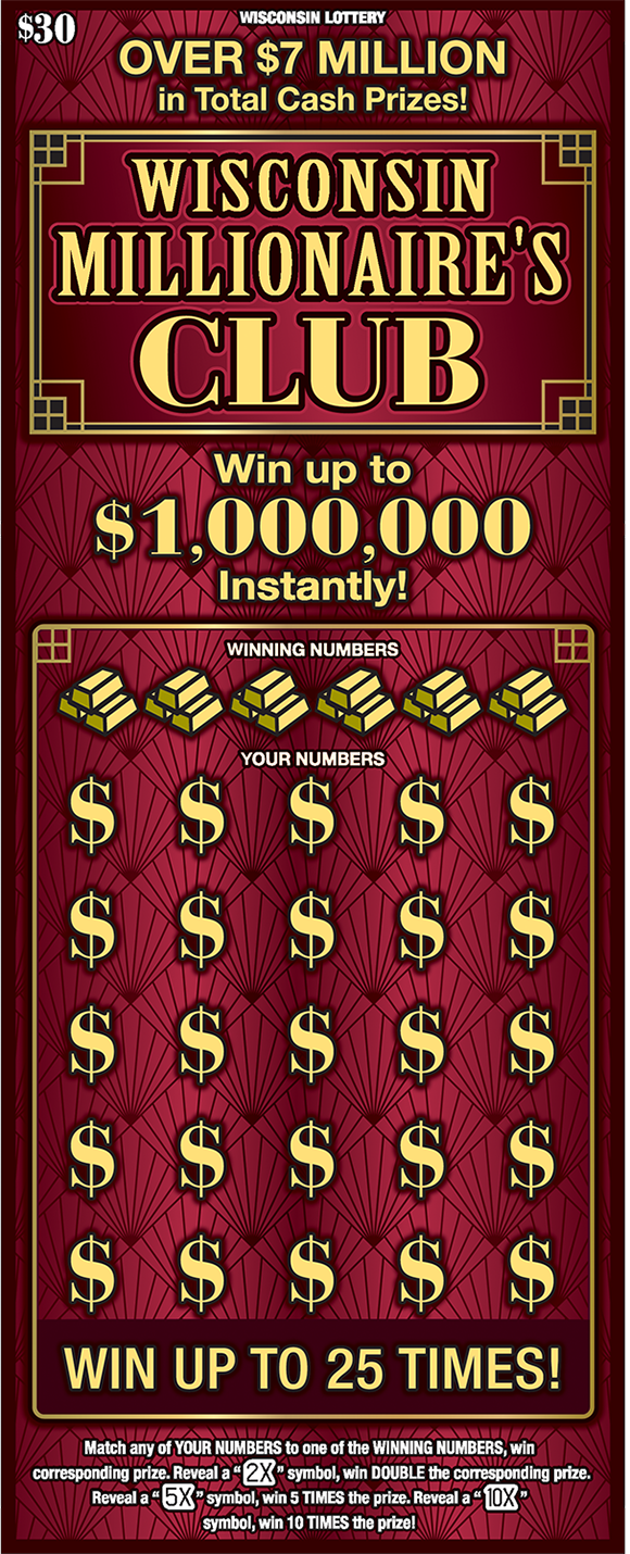 maroon background with gold dollar signs over the winning numbers and wisconsin millionaires club written in big gold letters across the top of the ticket on scratch ticket from wisconsin lottery