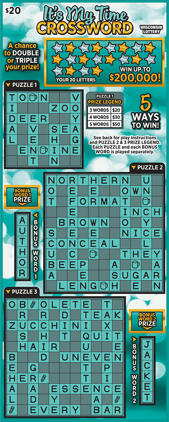 white and teal background with three crossword puzzles and stars in the your letters area on scratch ticket from wisconsin lottery