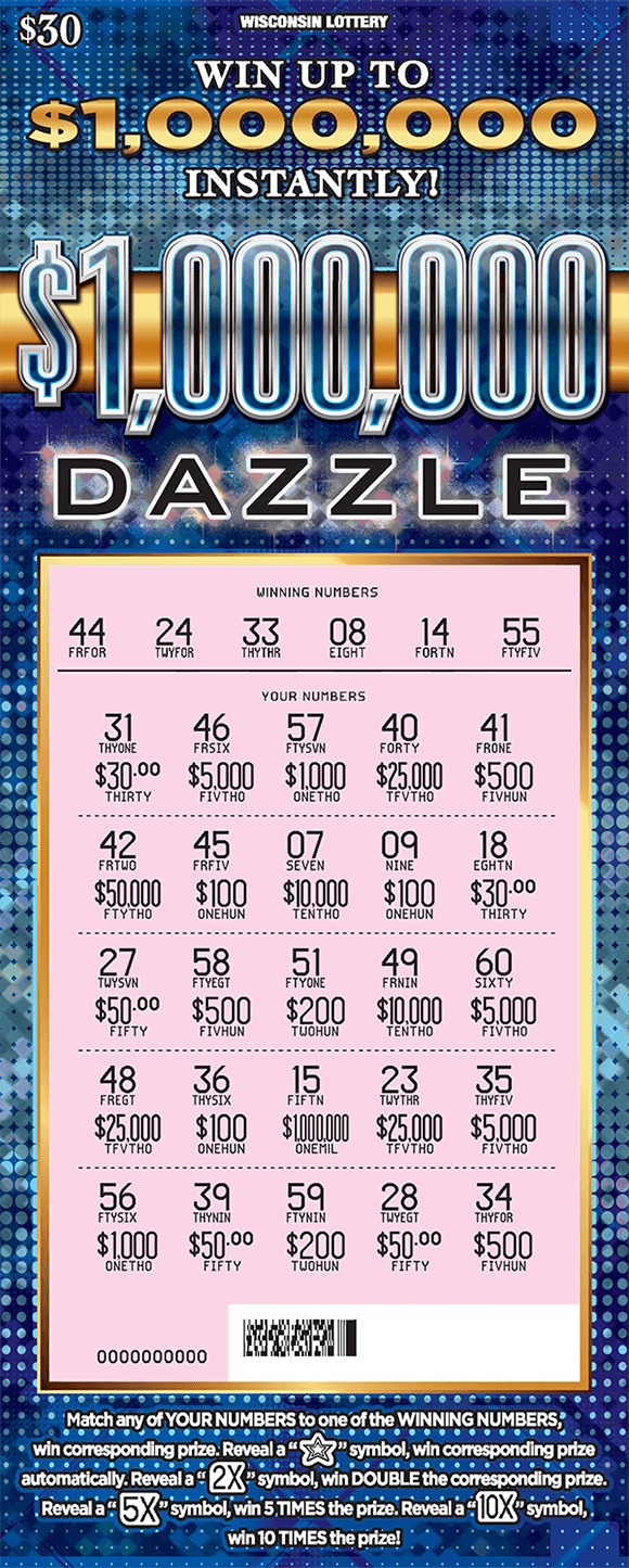 dark and light blue gradient background with polka dots scratched to reveal pink play area with numbers and prize amounts on ticket from wisconsin lottery