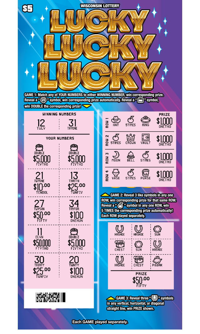 Wisconsin Scratch Game, Purple blue and pink background gold text, Scratched