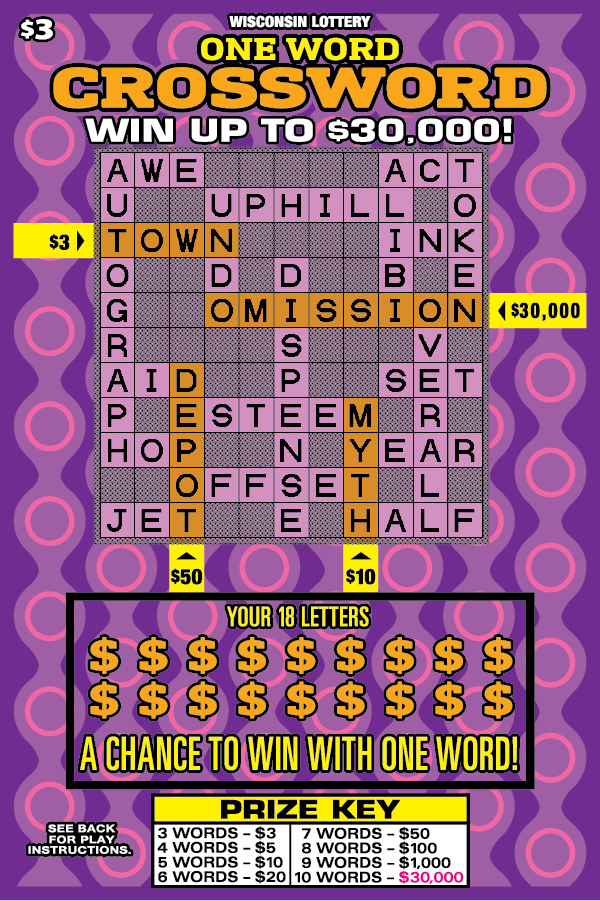 Wisconsin Scratch Game One Word Crossword Purple background with Yell orange and black text.