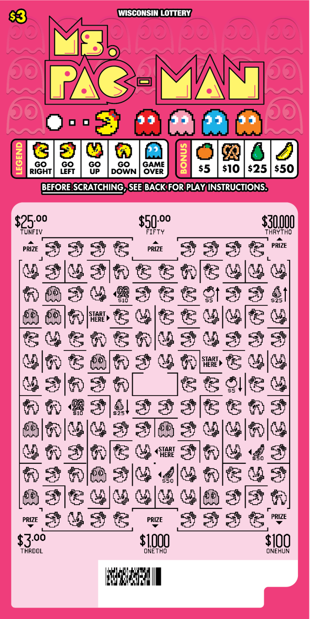 Wisconsin Scratch Game, Ms.Pac-Man pink background with yellow text, revealed.