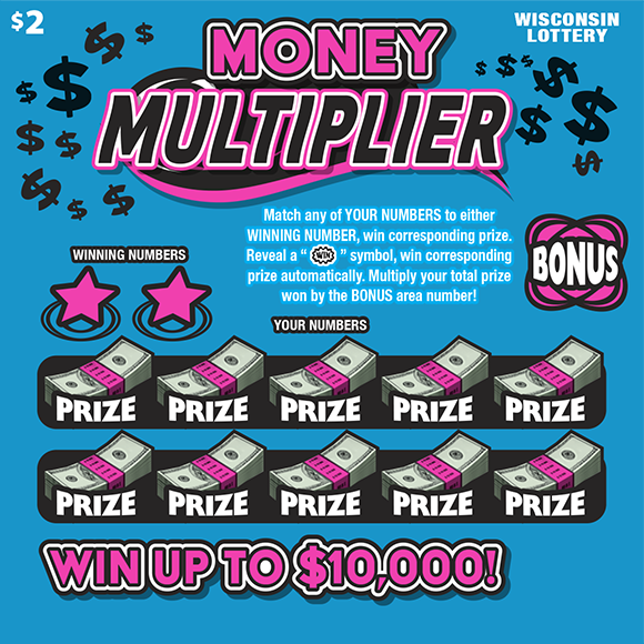 Wisconsin Scratch Game, Money Multiplier blue background with pink and black text.