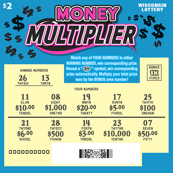 Wisconsin Scratch Game, Money Multiplier blue background with pink and black text, revealed.