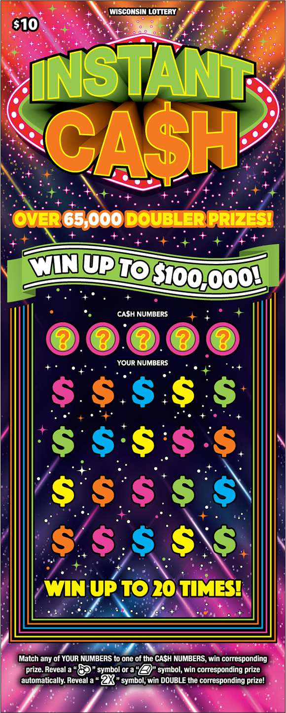 Wisconsin Scratch Game, Instant Ca$h pink, orange, and purple galaxy background with green and orange text.