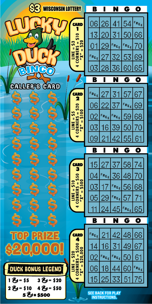 Wisconsin Scratch Game, Lucky Duck Bingo blue pond background with a duck and yellow and blue text.