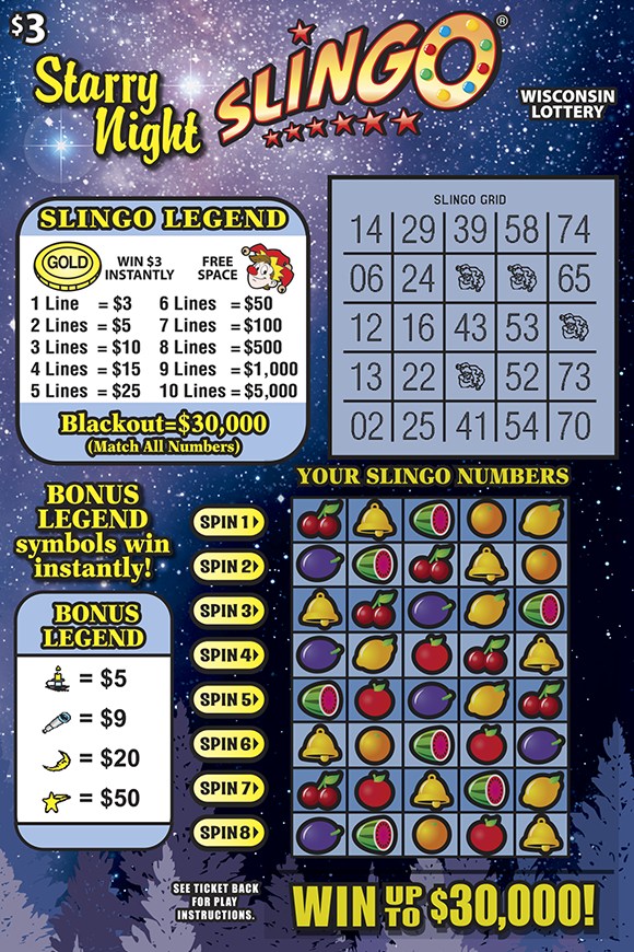 Wisconsin Scratch Game, Starry Night Slingo blue and purple night sky background with orange and yellow text.