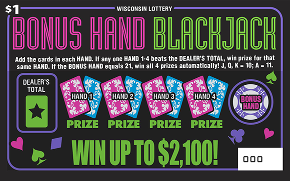 Wisconsin Scratch Game, Bonus Hand Blackjack black background with pink and green text.