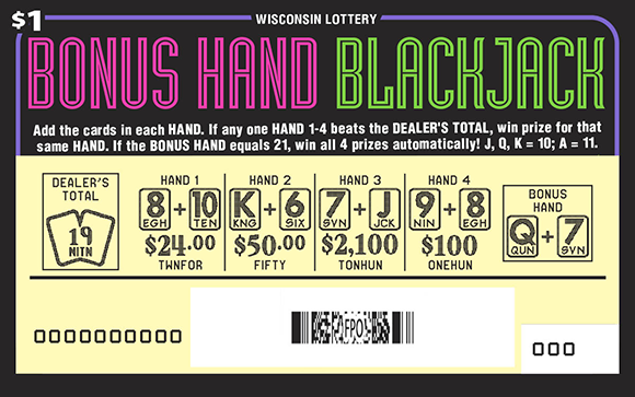Wisconsin Scratch Game, Bonus Hand Blackjack black background with pink and green text, scratched.