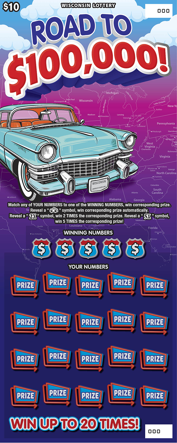 Wisconsin Scratch Game, Road to $100,000 blue and purple map background with a teal car and purple and red text.