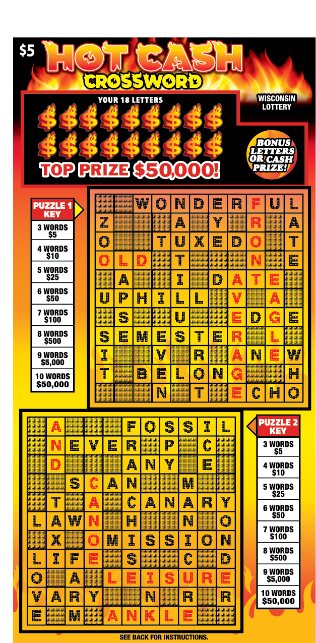 Wisconsin Scratch Game, Hot Cash Crossword with a fire background and orange and yellow flaming text.  