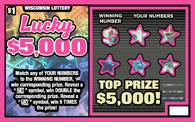 Wisconsin Scratch Game, Lucky $5,000 blue and orange holographic background with pink outlines and pink text.