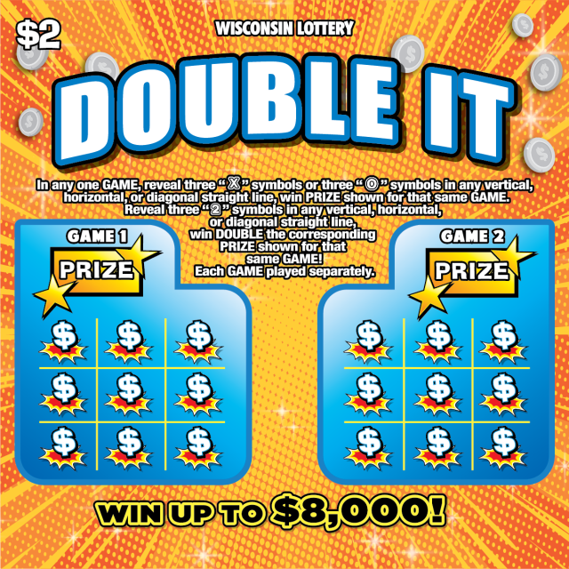 Wisconsin Scratch Game, Double It orange burst background with silver coins and blue and white text.