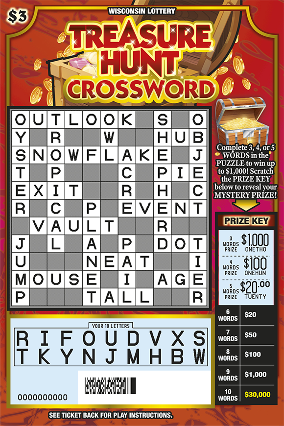 Wisconsin Scratch Game, Treasure Hunt Crossword red background with a gold treasure chest and red and gold text, scratched.