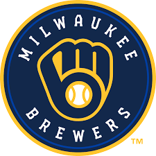 milwaukee brewers logo with yellow glove outline and blue background - white ball in palm with yellow laces