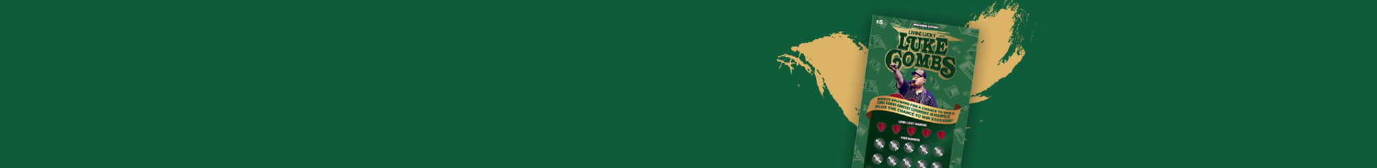 Luke Combs holding guitar with one arm in the air on gold scratched foil on dark green background