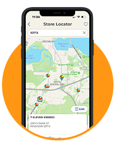 black mobile phone partially surrounded by orange circle background